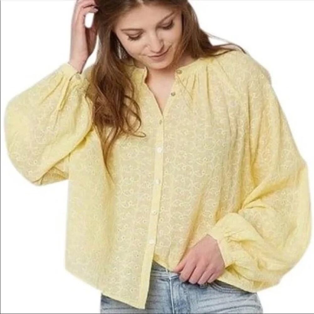 Free People Womens Large Down From the Clouds Yellow Cotton Eyelet Blouse